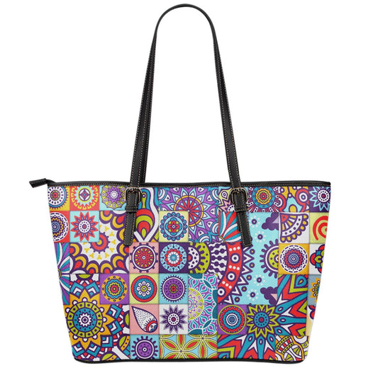 Mandala Tile Bohemian Pattern Print Leather Tote Bag