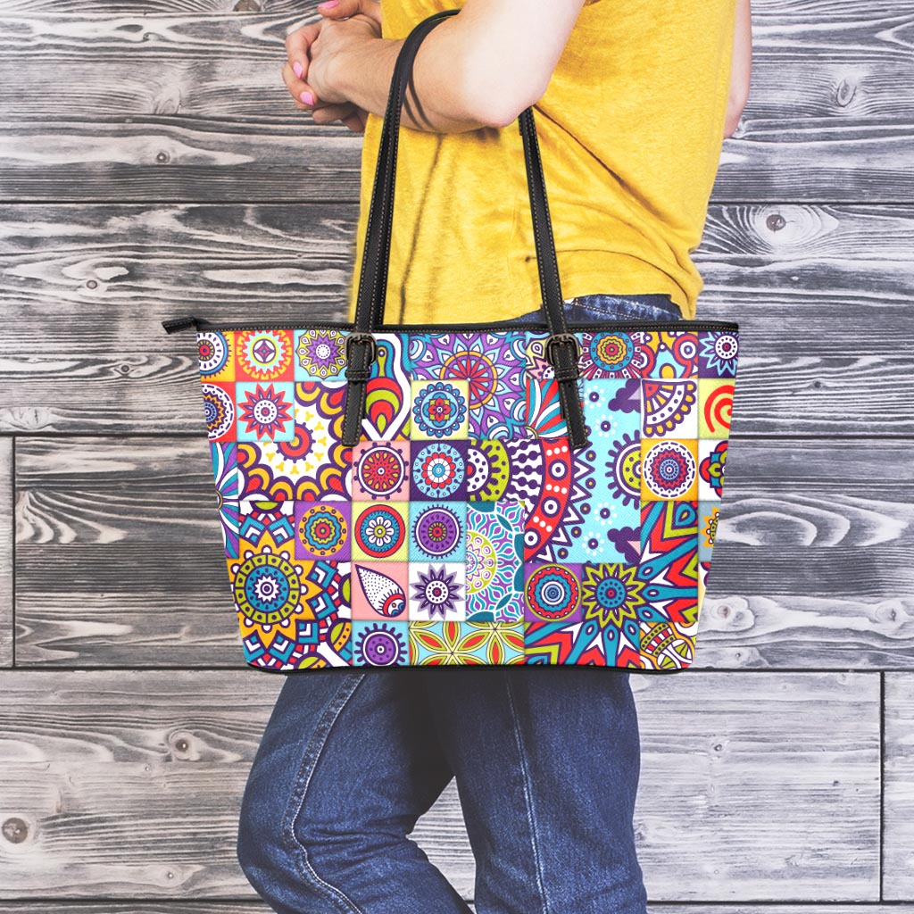 Mandala Tile Bohemian Pattern Print Leather Tote Bag