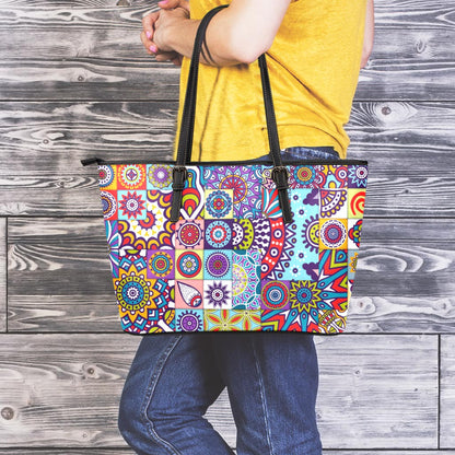 Mandala Tile Bohemian Pattern Print Leather Tote Bag