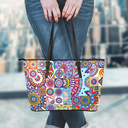 Mandala Tile Bohemian Pattern Print Leather Tote Bag