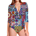 Mandala Tile Bohemian Pattern Print Long Sleeve Swimsuit