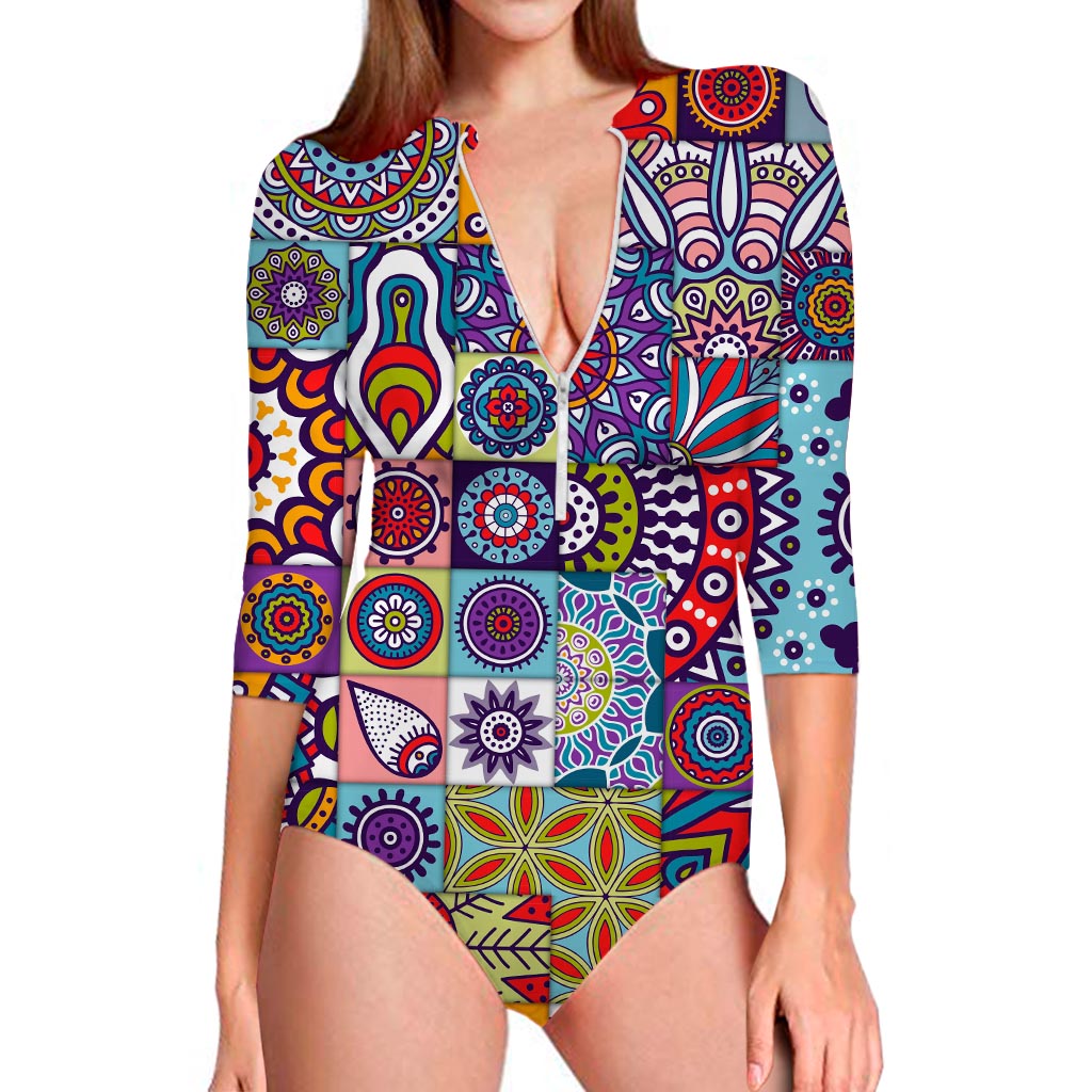 Mandala Tile Bohemian Pattern Print Long Sleeve Swimsuit