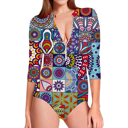 Mandala Tile Bohemian Pattern Print Long Sleeve Swimsuit