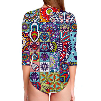 Mandala Tile Bohemian Pattern Print Long Sleeve Swimsuit
