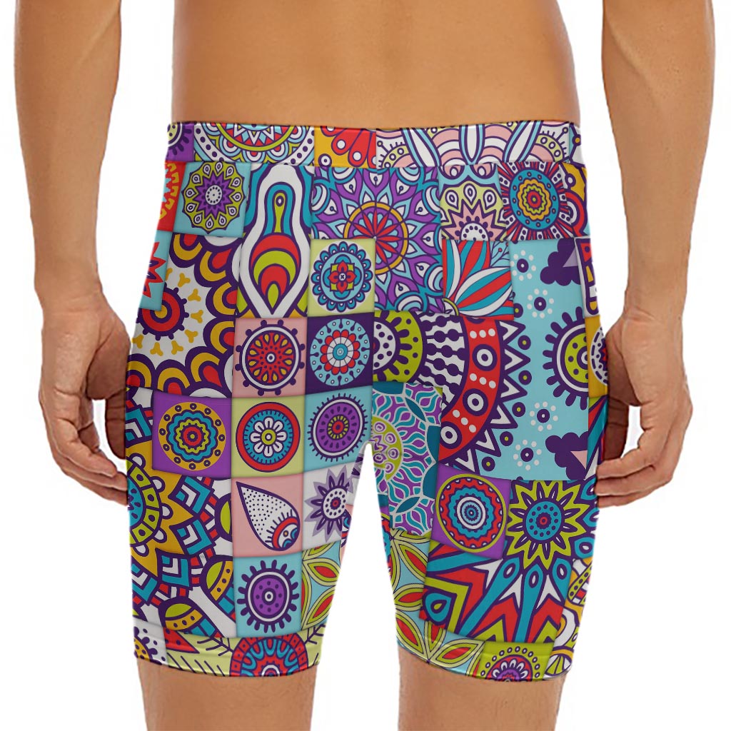 Mandala Tile Bohemian Pattern Print Men's Long Boxer Briefs