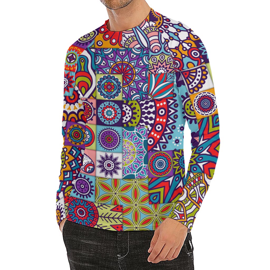 Mandala Tile Bohemian Pattern Print Men's Long Sleeve Rash Guard