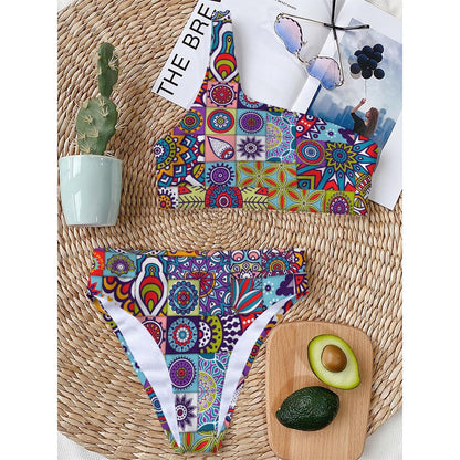 Mandala Tile Bohemian Pattern Print One Shoulder Bikini Top