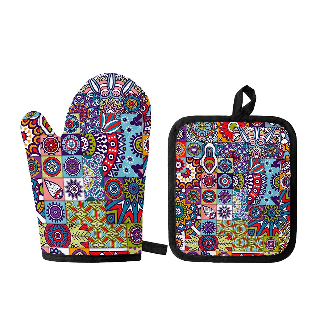 Mandala Tile Bohemian Pattern Print Oven Mitt And Pot Holder Set