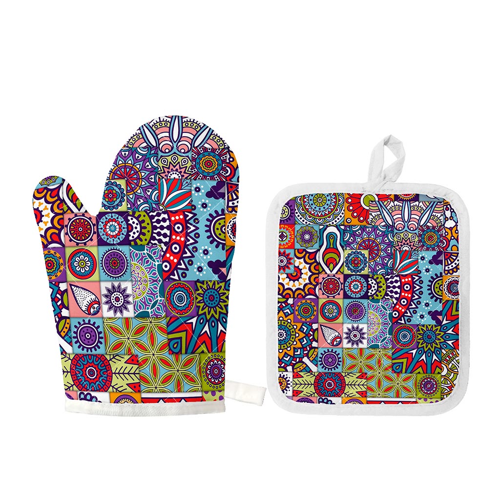 Mandala Tile Bohemian Pattern Print Oven Mitt And Pot Holder Set