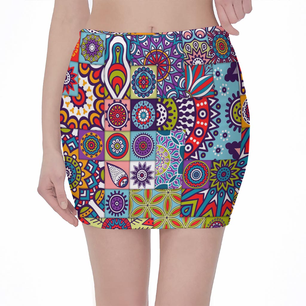 Mandala Tile Bohemian Pattern Print Pencil Mini Skirt