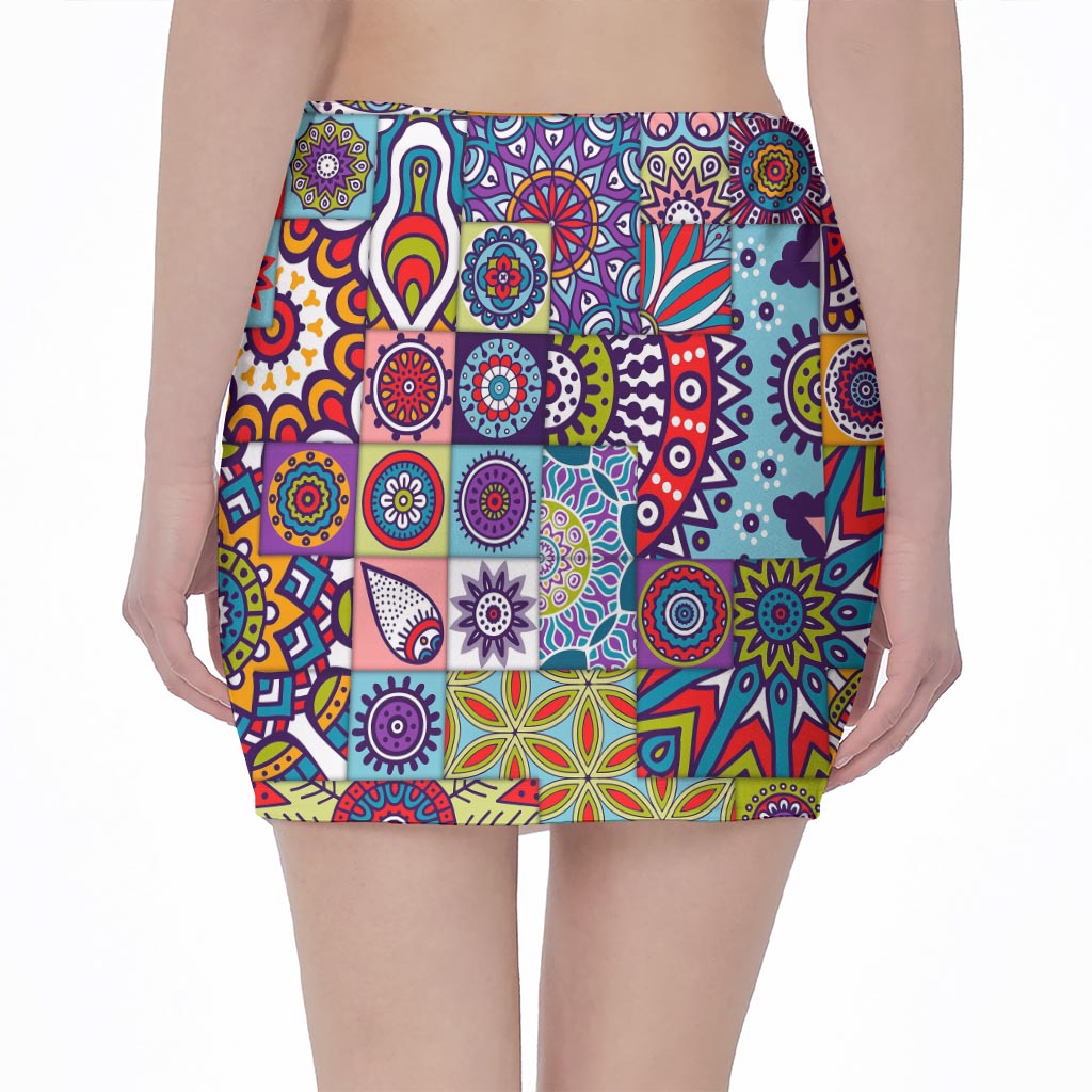 Mandala Tile Bohemian Pattern Print Pencil Mini Skirt