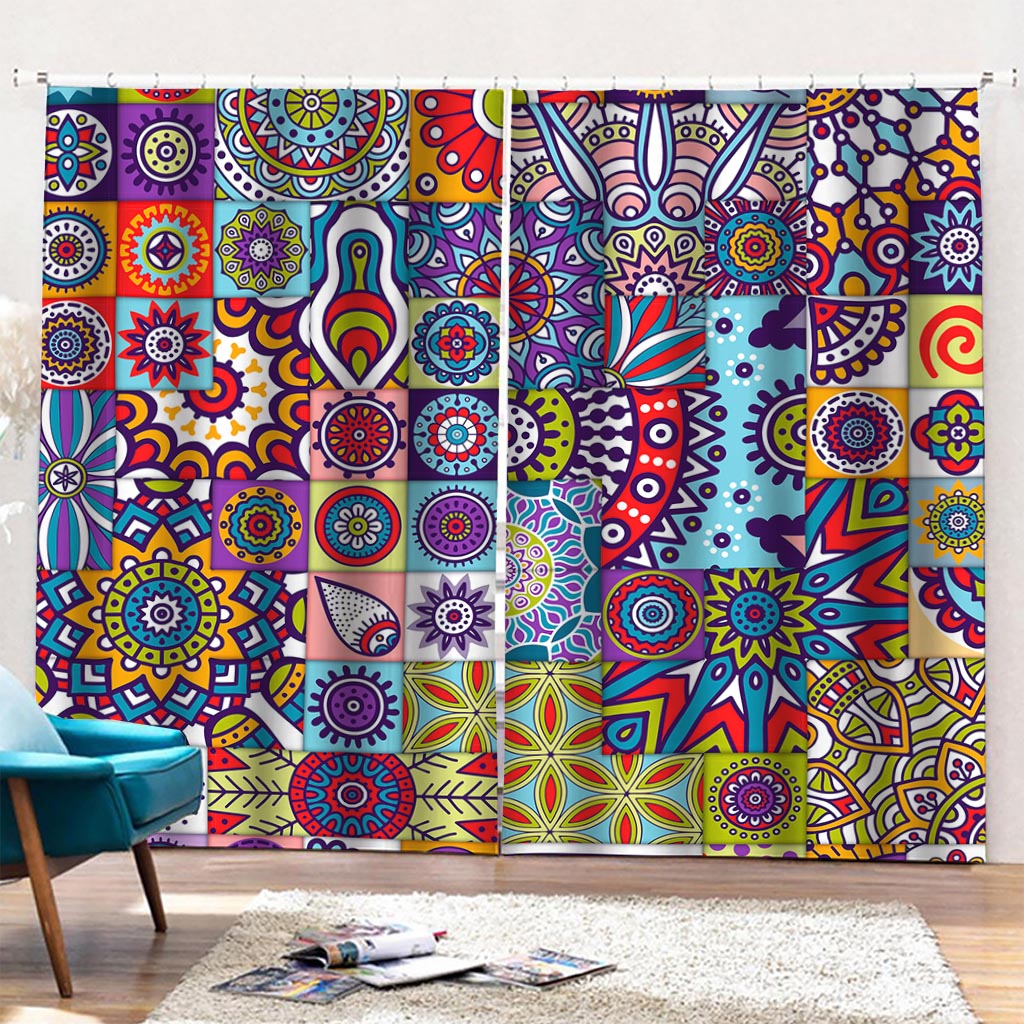 Mandala Tile Bohemian Pattern Print Pencil Pleat Curtains