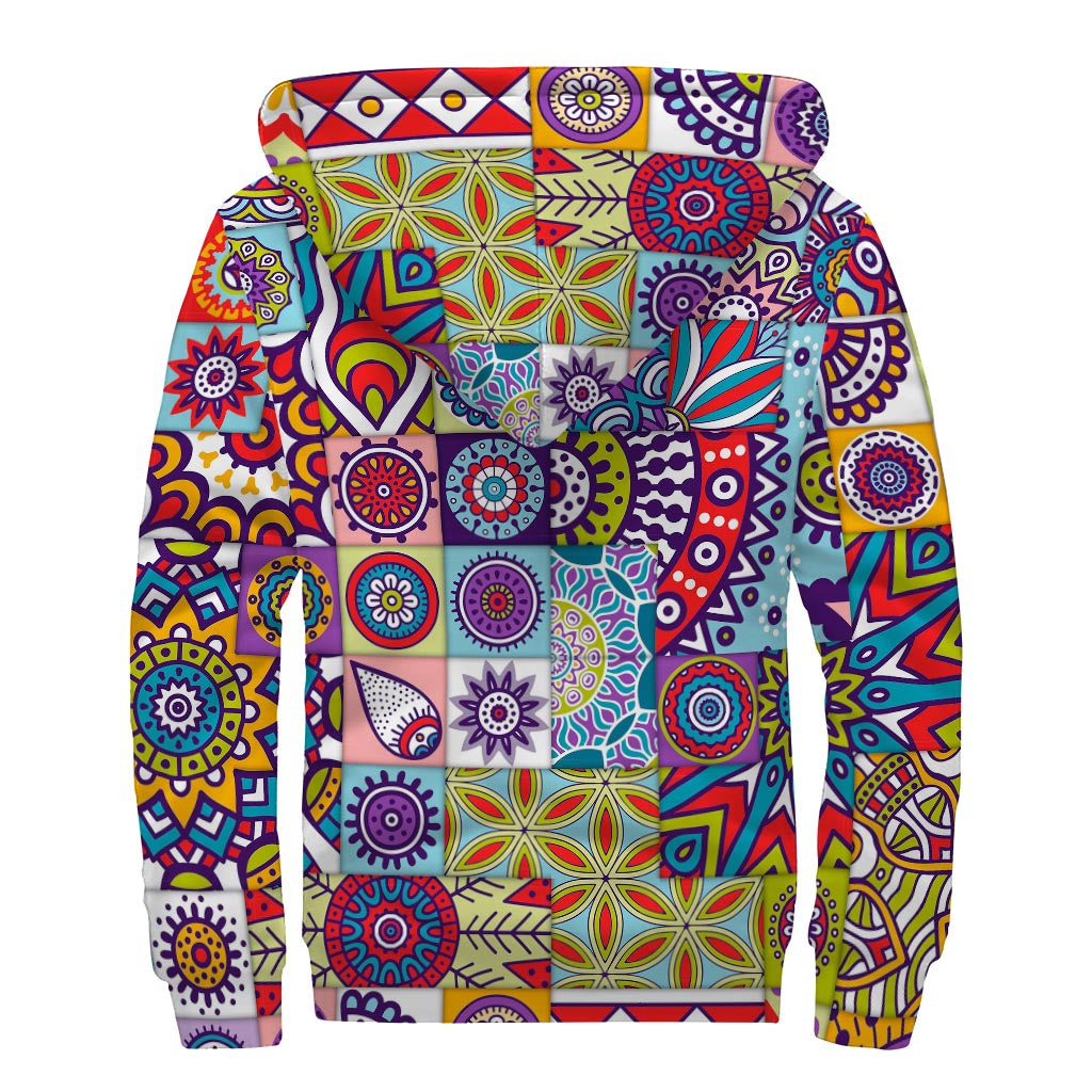 Mandala Tile Bohemian Pattern Print Sherpa Lined Zip Up Hoodie