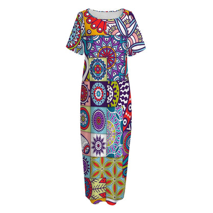 Mandala Tile Bohemian Pattern Print Short Sleeve Long Nightdress