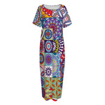 Mandala Tile Bohemian Pattern Print Short Sleeve Long Nightdress