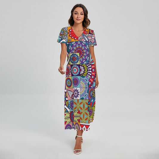 Mandala Tile Bohemian Pattern Print Short Sleeve Maxi Dress