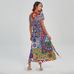 Mandala Tile Bohemian Pattern Print Short Sleeve Maxi Dress