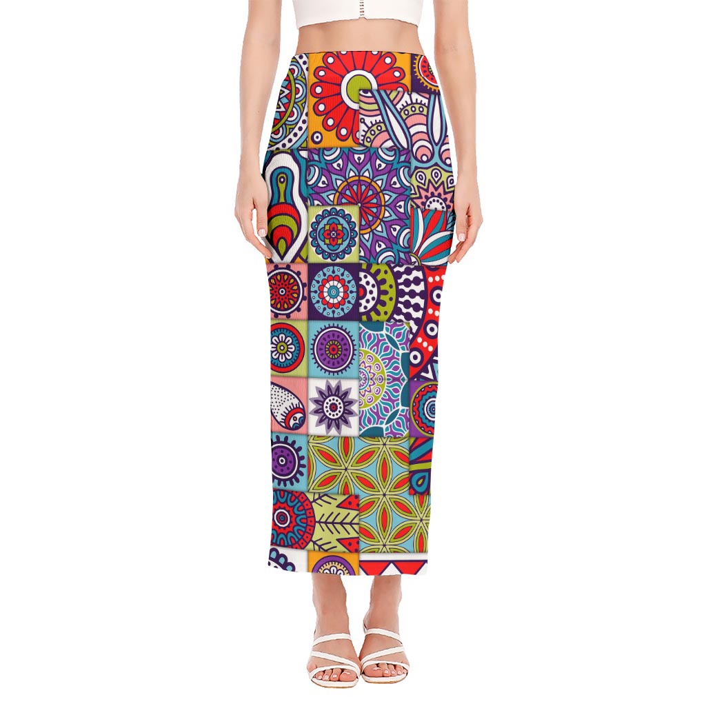 Mandala Tile Bohemian Pattern Print Side Slit Maxi Skirt