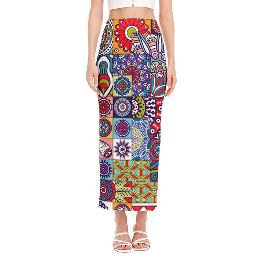 Mandala Tile Bohemian Pattern Print Side Slit Maxi Skirt