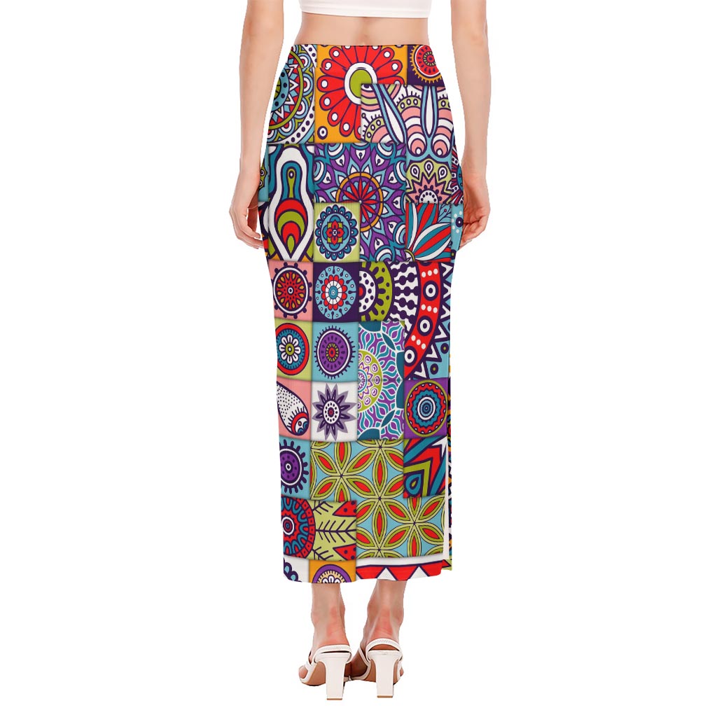 Mandala Tile Bohemian Pattern Print Side Slit Maxi Skirt
