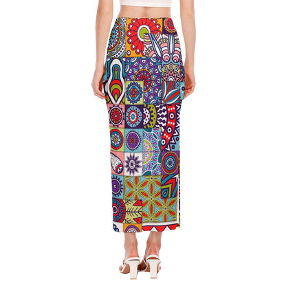 Mandala Tile Bohemian Pattern Print Side Slit Maxi Skirt