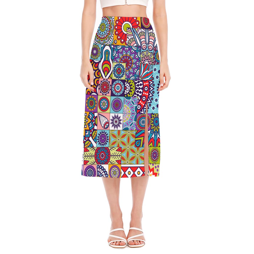 Mandala Tile Bohemian Pattern Print Side Slit Midi Skirt
