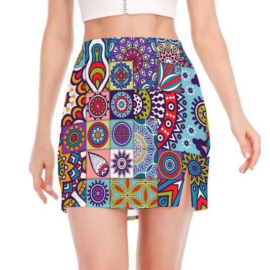 Mandala Tile Bohemian Pattern Print Side Slit Mini Skirt