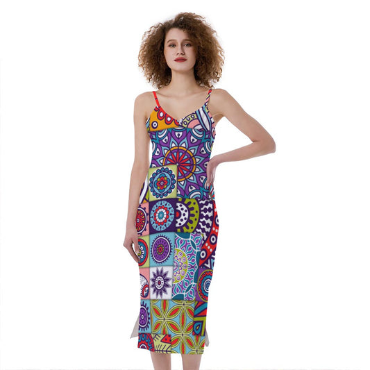 Mandala Tile Bohemian Pattern Print Slim Fit Midi Cami Dress