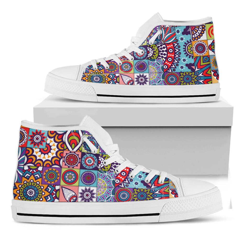 Mandala Tile Bohemian Pattern Print White High Top Sneakers