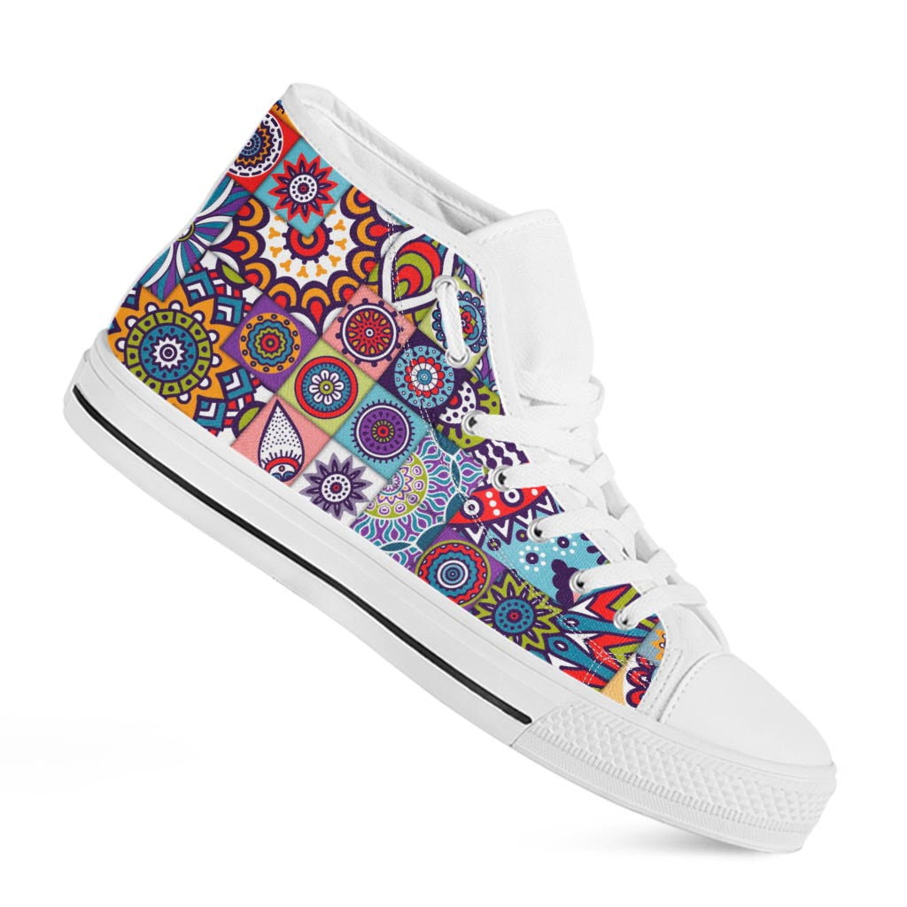 Mandala Tile Bohemian Pattern Print White High Top Sneakers