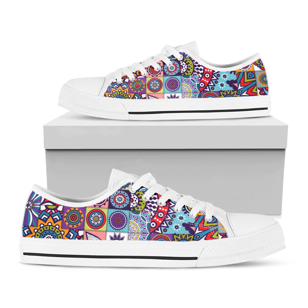 Mandala Tile Bohemian Pattern Print White Low Top Sneakers