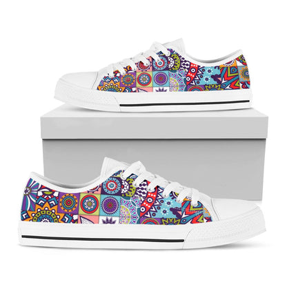 Mandala Tile Bohemian Pattern Print White Low Top Sneakers