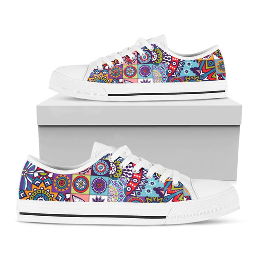 Mandala Tile Bohemian Pattern Print White Low Top Sneakers