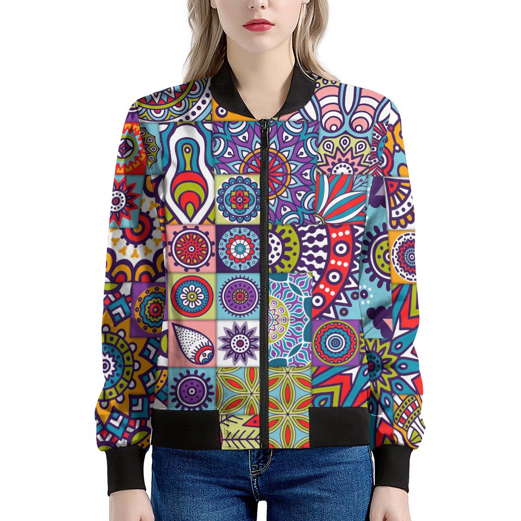 Mandala Tile Bohemian Pattern Print Women's Bomber Jacket