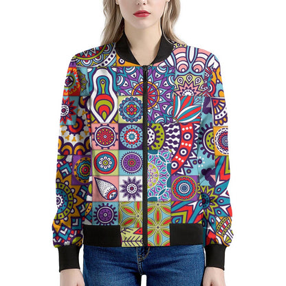 Mandala Tile Bohemian Pattern Print Women's Bomber Jacket