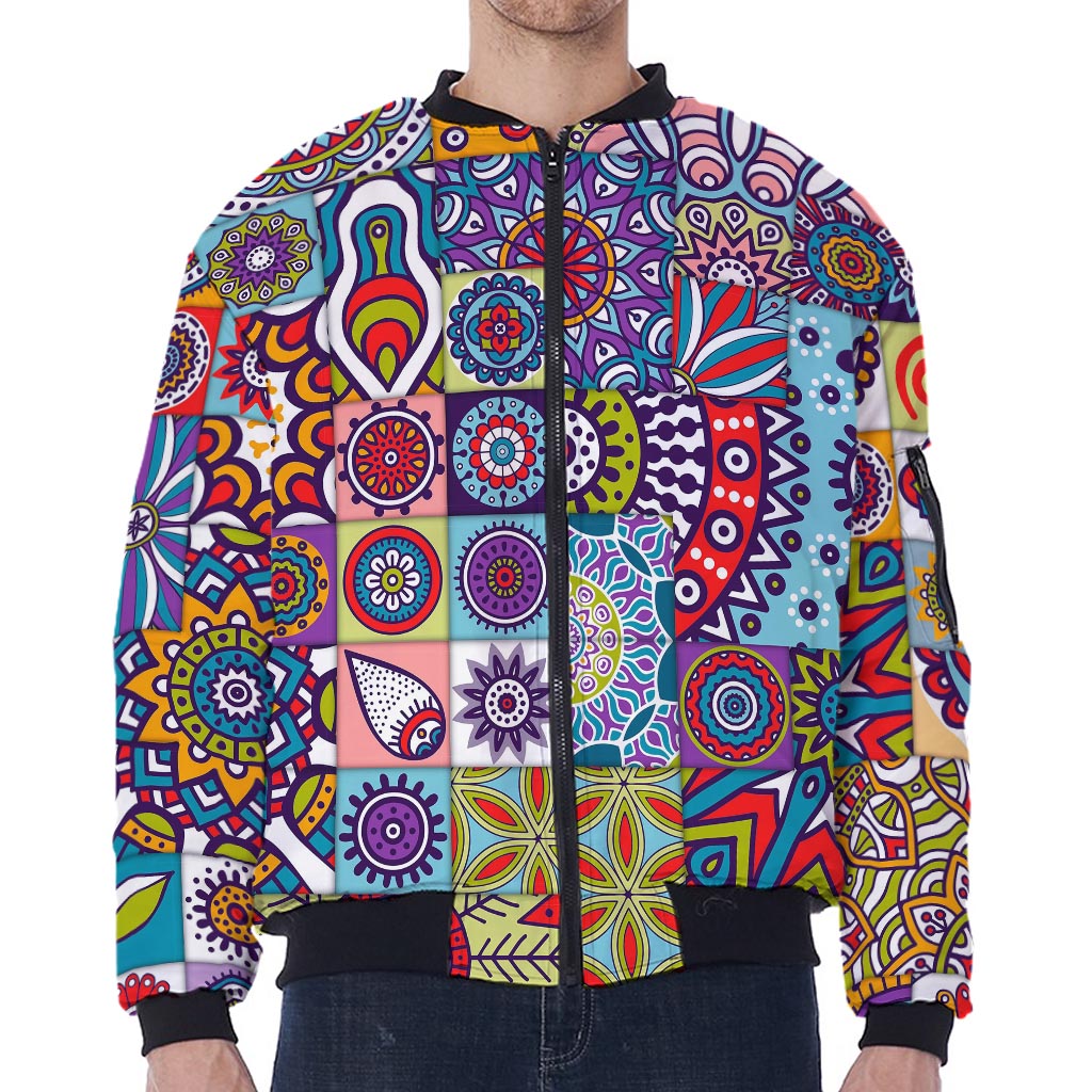 Mandala Tile Bohemian Pattern Print Zip Sleeve Bomber Jacket