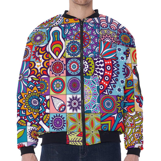 Mandala Tile Bohemian Pattern Print Zip Sleeve Bomber Jacket