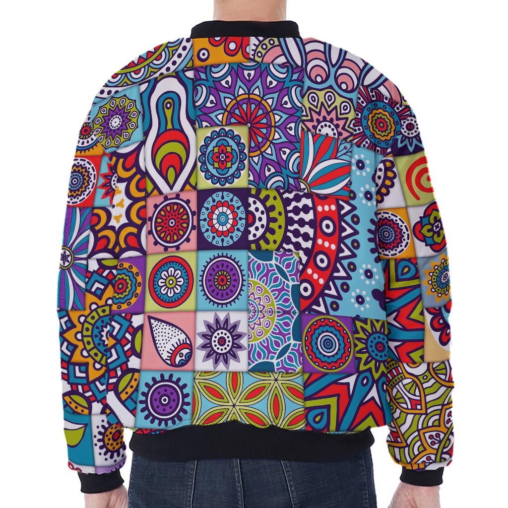 Mandala Tile Bohemian Pattern Print Zip Sleeve Bomber Jacket