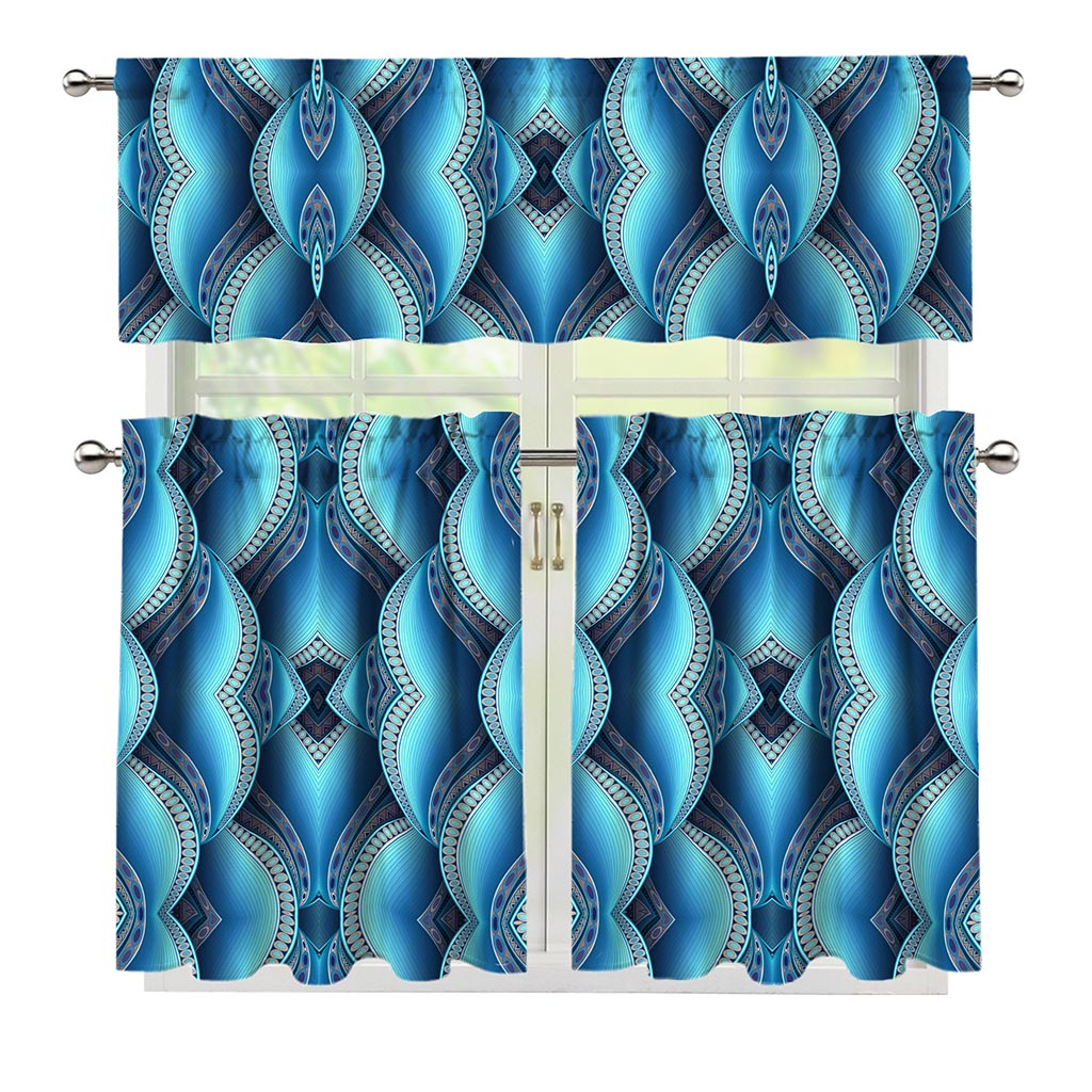 Mandala Waves Bohemian Pattern Print 3 Piece Kitchen Curtains