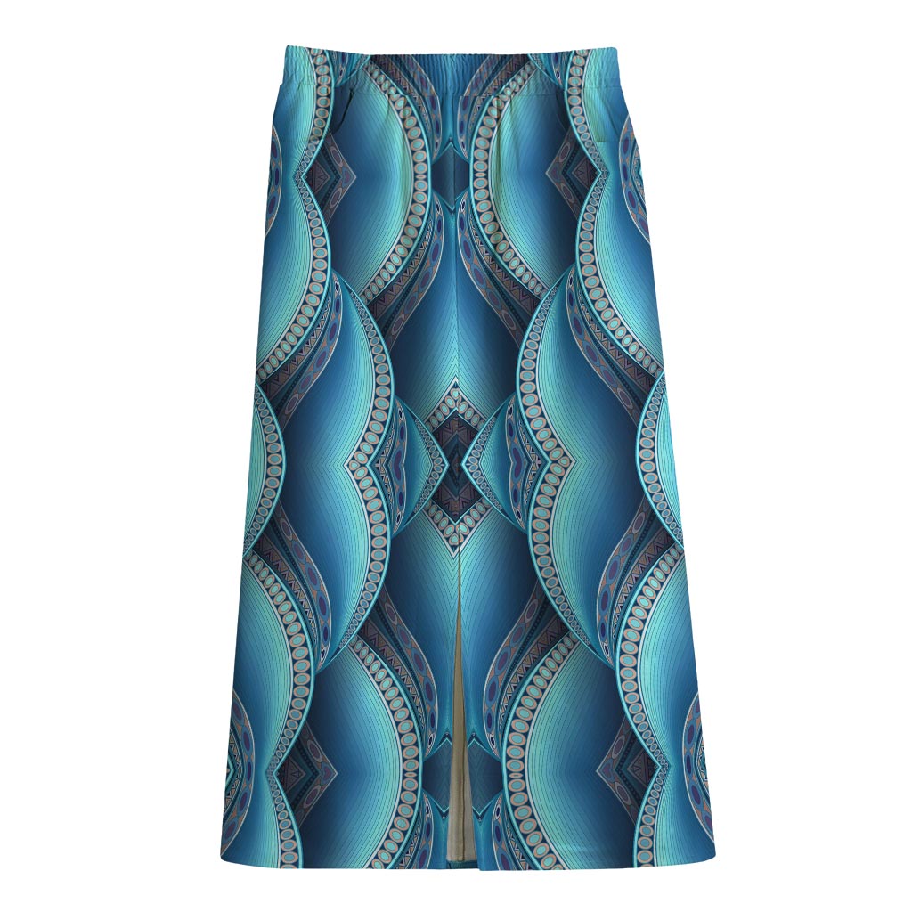 Mandala Waves Bohemian Pattern Print Cotton Front Slit Maxi Skirt