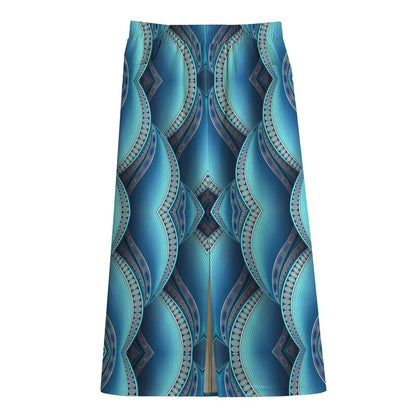 Mandala Waves Bohemian Pattern Print Cotton Front Slit Maxi Skirt