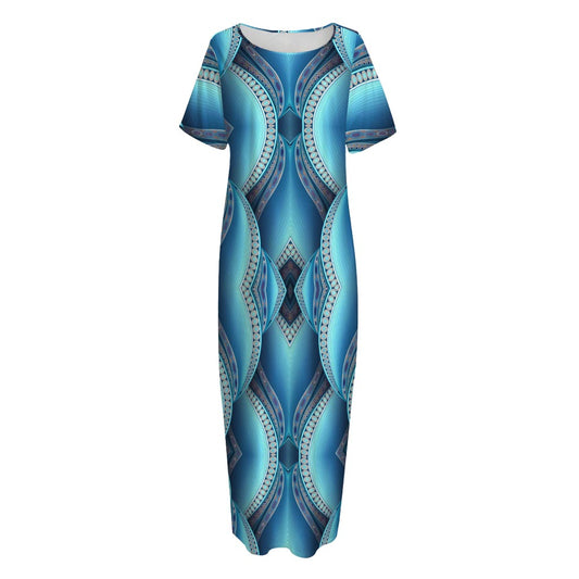 Mandala Waves Bohemian Pattern Print Short Sleeve Long Nightdress