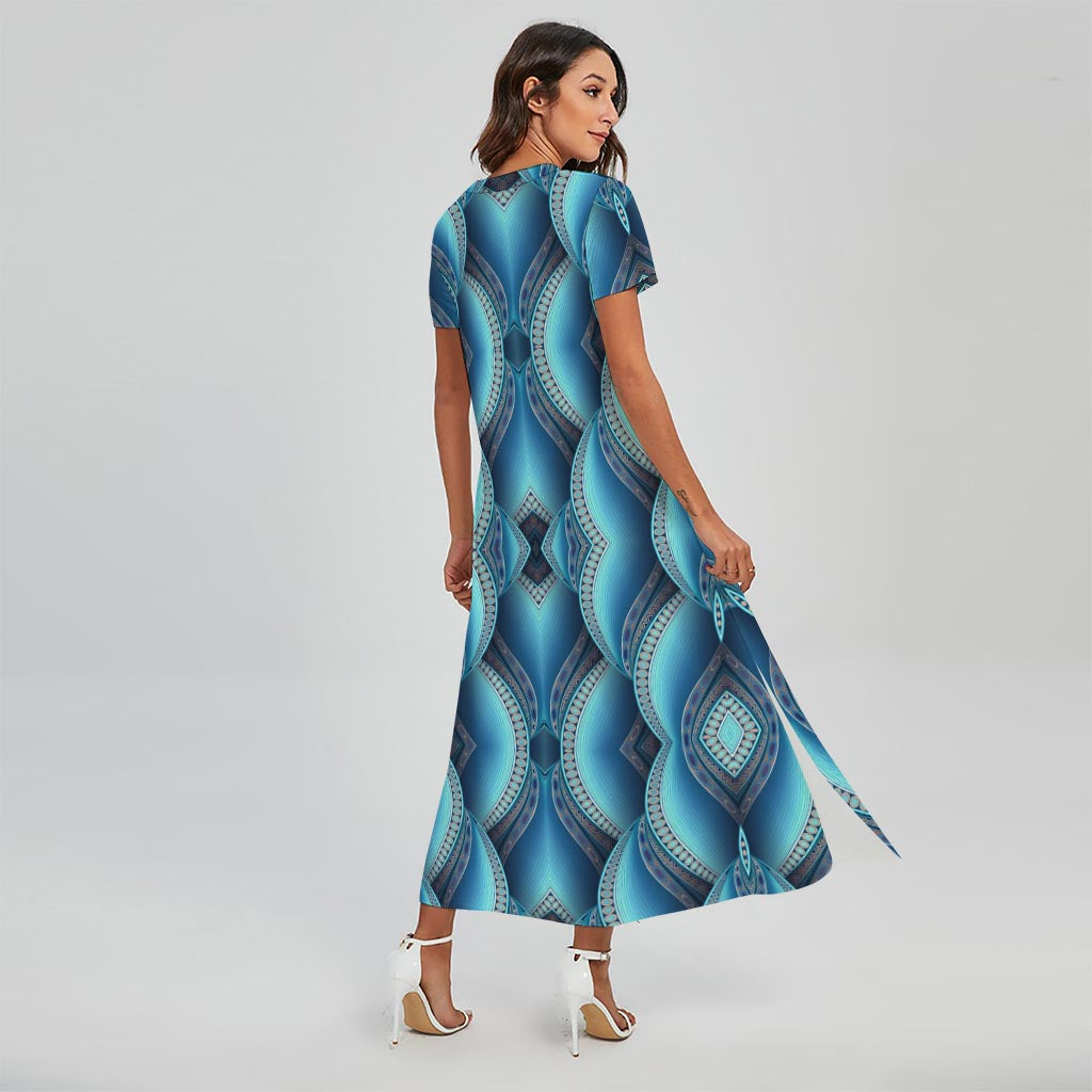 Mandala Waves Bohemian Pattern Print Short Sleeve Maxi Dress