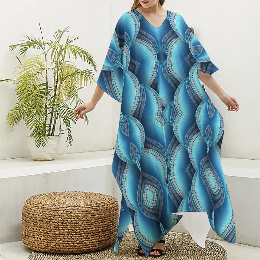 Mandala Waves Bohemian Pattern Print Silk V-Neck Kaftan Dress