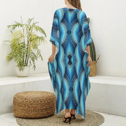 Mandala Waves Bohemian Pattern Print Silk V-Neck Kaftan Dress