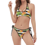 Mango Fruit Striped Pattern Print Halter Scoop Tie Side Bikini