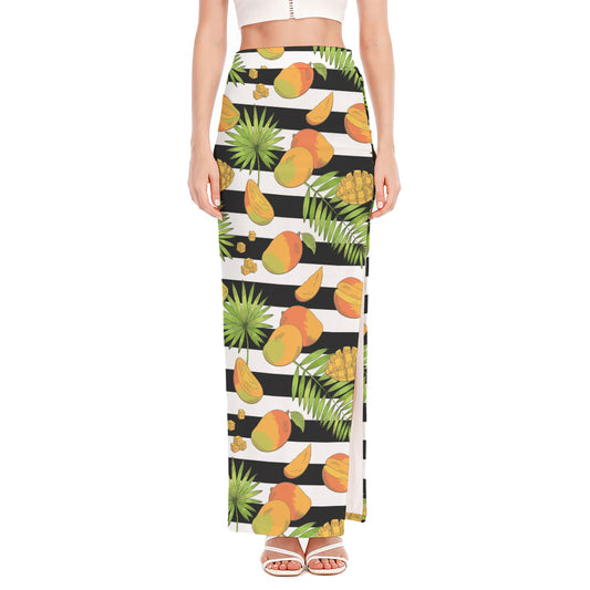 Mango Fruit Striped Pattern Print High Slit Maxi Skirt