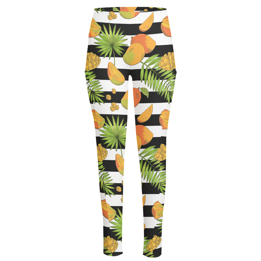 Mango Fruit Striped Pattern Print High-Waisted Pocket Leggings