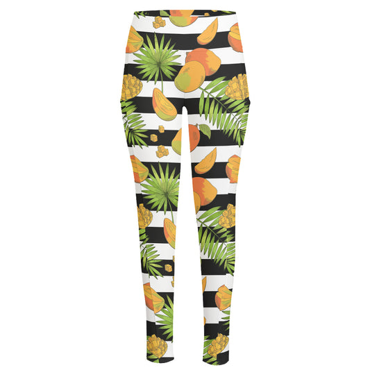 Mango Fruit Striped Pattern Print High-Waisted Pocket Leggings