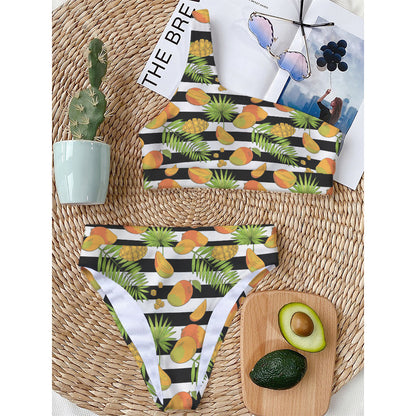 Mango Fruit Striped Pattern Print One Shoulder Bikini Top